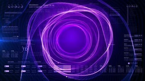 Futuristic Digital HUD Interface with Rotating Particle Swirls