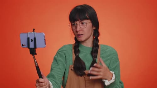 Woman Traveler Blogger Taking Selfie on Mobile Phone Communicating Video Call Online Subscribers