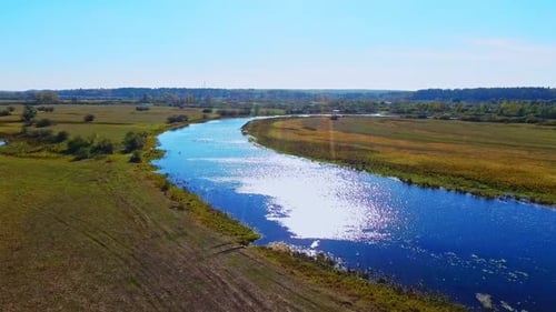 Aerial River Landscape. Beautiful River Aerial View. Top View River Field Landscape