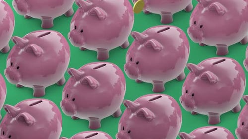 Line of Piggy Banks Goes. Piggy Bank Full of Coins. Concept Finance