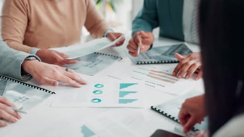 Business people, hands and meeting with documents for analytics, corporate growth