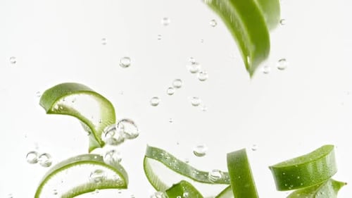 Aloe Vera Slices Falling into Clear Water