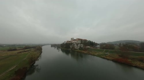 Vistula river Tyniec Benedictine Abbey church Krakow Poland old style landmark on cliff