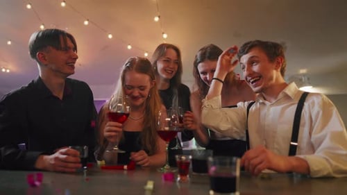 Group of Friends Talking in Night Bar Young Cheerful Joyful Men and Women Talking Chatting Laughing