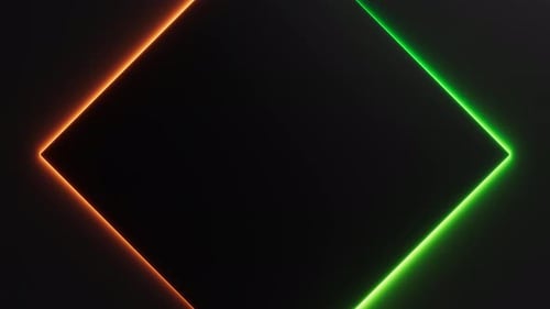 Green Orange Neon Light is Moving Around Black Rhombus Frame on Dark Background Seamless Border