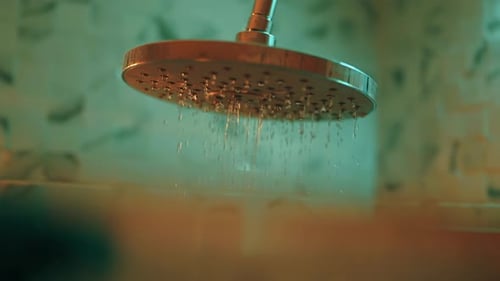 Close Up of Shower Head with Running Water