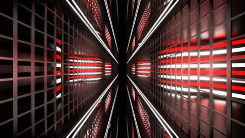 Rote und weiße wellenförmige Neonwände hinter Gittern, Tunnelhintergrund, VJ Loop in 4K