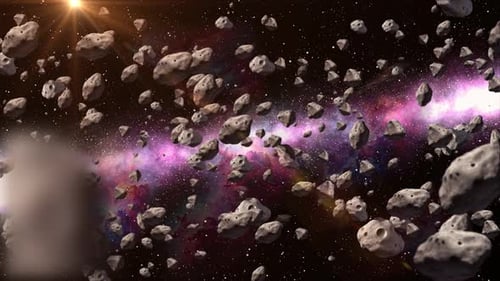 Fliegen durch Asteroiden, die im farbenfrohen Weltraum und Nebel fliegen. Sterne 3D Asteroiden
, mit denen wir fliegen
