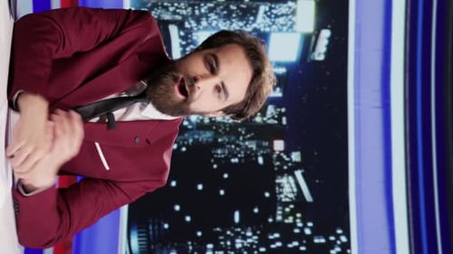 News Anchor Discussing Events in Vertical Format