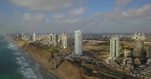 Aerial view of Netanya City and it's coastline- part of the Israeli coastal plain