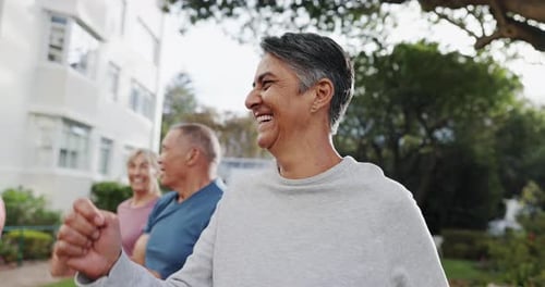 Fitness, exercise and senior people in garden for wellness, active lifestyle and mobility outdoors