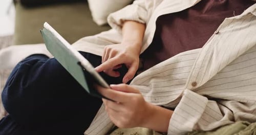 Hands, woman and student with tablet at house for research, education and university application