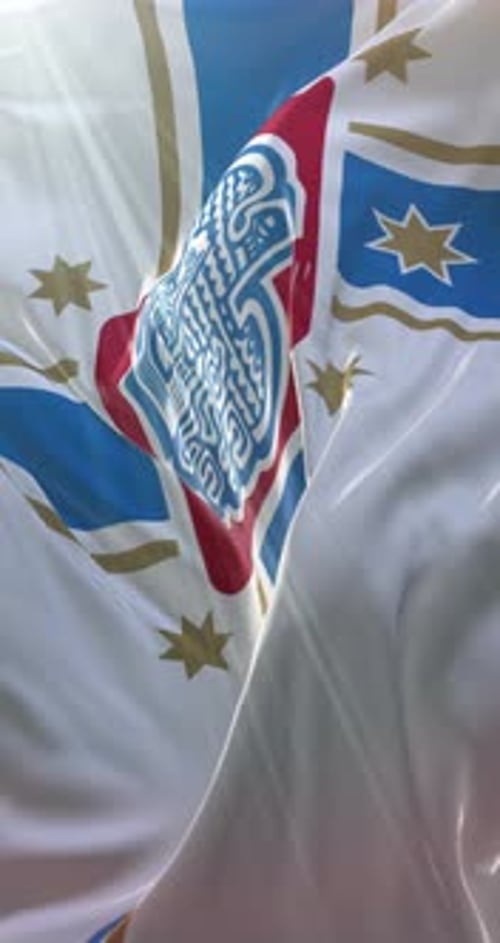 Stylized Flag with Star and Emblem Design Waving