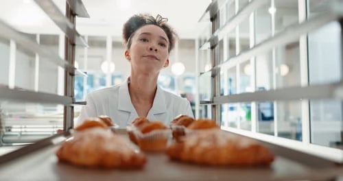 Pastry chef, restaurant and woman in commercial kitchen for baking job