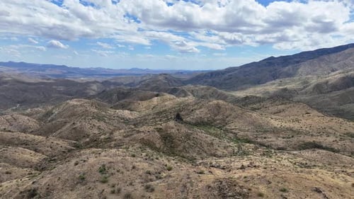 Aerial view of desert landscape and mountains, United States.
