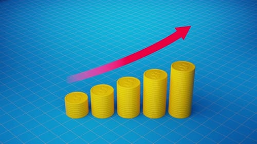 Animated Financial Growth Bar Chart with Stacking Gold Coins and Rising Arrow