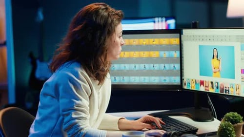 Woman Editing Photos at Computer Workstation