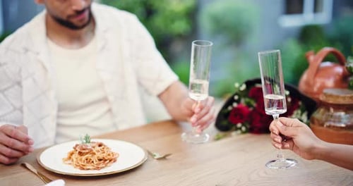 Romantic Dinner: Couple Toasting With Champagne Outdoors