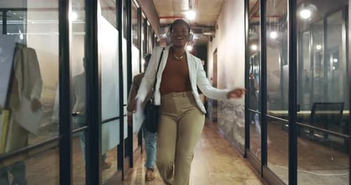 Happy, music and dance with business woman in office for greeting, creative and funny