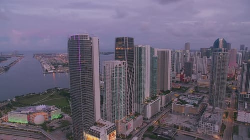 Miami Florida sunset aerial captures golden reflections over the city skyline