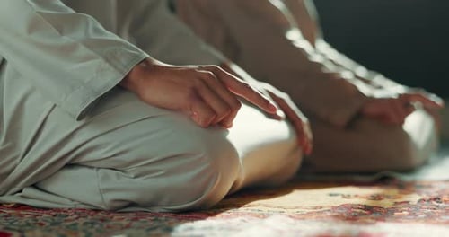 Islam, prayer and men kneeling in mosque with faith, mindfulness and gratitude in meditation