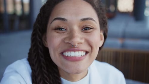 Close Up Face Charming Beautiful Woman Having a Videochat Talking Smiling Waving His Hand Sitting
