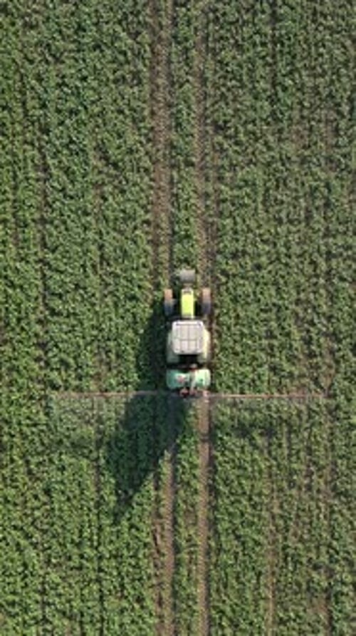 Tractor Sprays The Field Top View