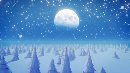 Magical Winter Night Landscape with Falling Snow and Twinkling Stars