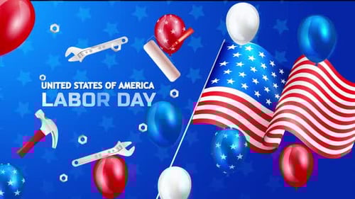 Animated United States Labor Day Graphic with Tools and Balloons