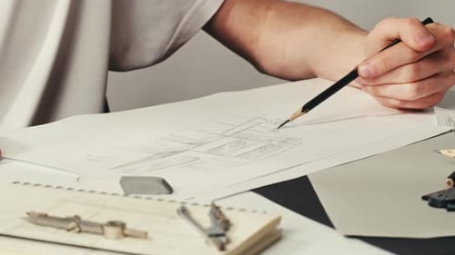 Architect Drawing Technical Sketch in the Workplace