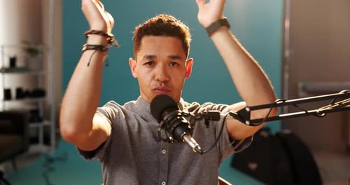 Action, microphone and content creator with face of man for live streaming, influencer or podcast