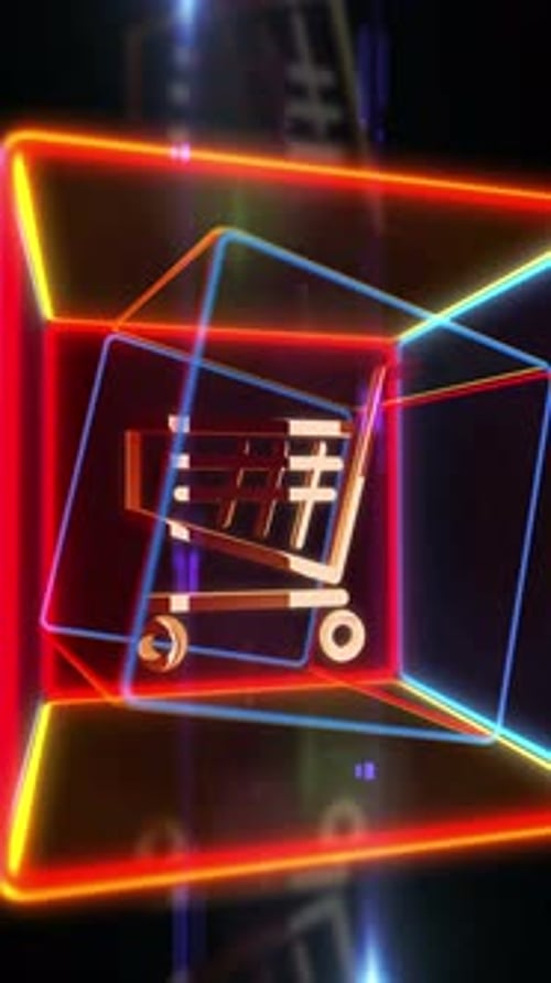 Neon Futuristic Shopping Cart Icon Spinning in Digital Cubes