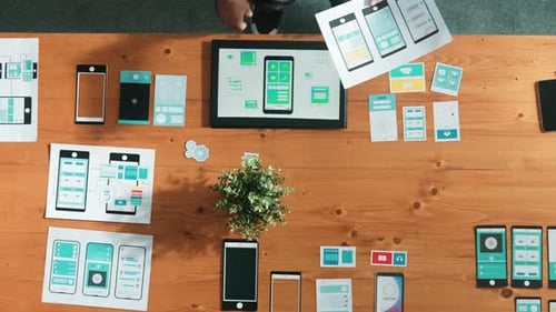 Top view of skilled business man looking and choosing Ux Ui design. Convocation.