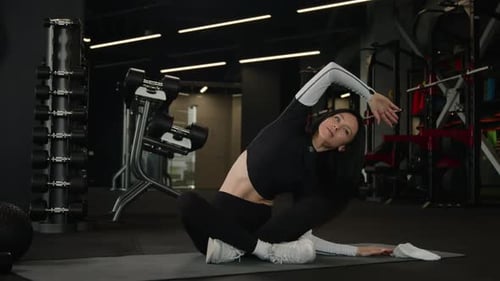 Fit Slim Caucasian Sportswoman Athletic Healthy Active Woman Stretch Body Muscles Training Side Bend