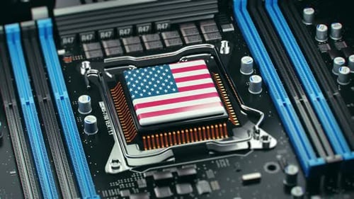 Computer Chip Closeup With US Flag