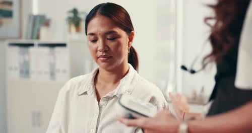 Blood pressure monitor, healthcare and patient in hospital with doctor for assessment or checkup