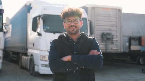 Confident man standing with trucks in the background