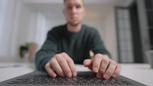 Closeup In Front View Male Hands of Business Man Professional User Worker Using Typing on Laptop