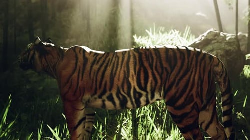 Dans une forêt dense de bambous, un tigre reste immobile à la recherche de son prochain repas