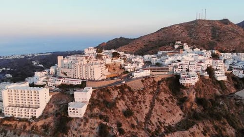 The white village Mojácar during sunset. Aerial shot.