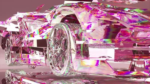 A Diamond Car Assembly From Shiny Transparent Parts Closeup Pink Neon Color Advertising 3D Animation