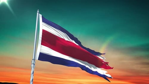Realistic Costa Rica Flag Waving Animation Against Sunset Sky