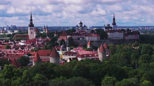 Aerial Panoramic View of Old Town District Historic Buildings and Churches with Towers Tallinn
