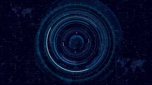 Interfaz de IA de tecnología futura: HUD de circuito azul con mapa global, elementos futuristas y diseño de alta tecnología
