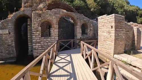 Hyperlapse of the entrance of the theater in the archaeological ruins of Butrint or Butrinto Nationa