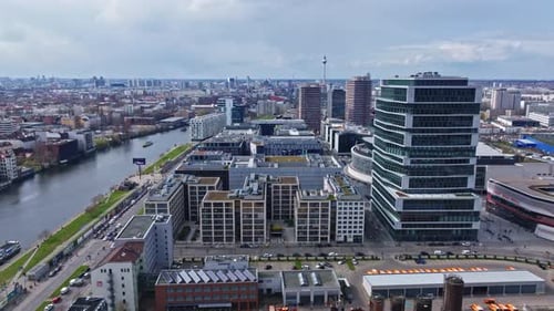 Aerial view of modern buildings on the bank of spree river , Berlin