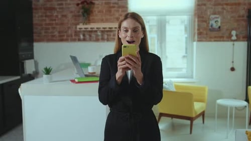 Portrait Businesswoman Use Phone Receiving Good News Feel Happy at Home Office Internet Smiling