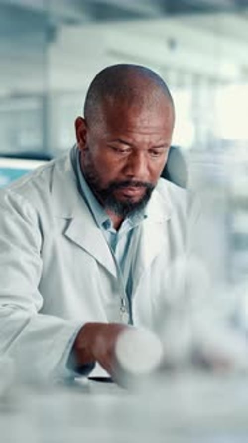 Chemistry, mature man and plant with petri dish in laboratory for GMO, medical research