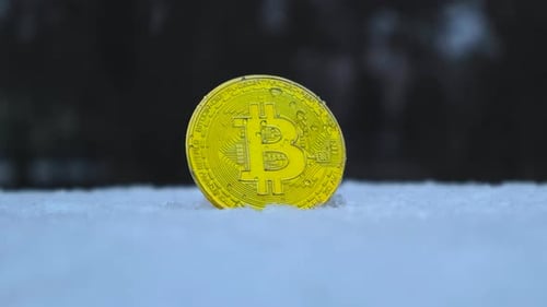 Golden yellow Bitcoin cryptocurrency coin on white snow outdoors while snow falls on and around it.
