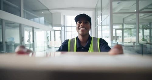 Box, courier or happy woman walk with delivery in office for logistics, distribution